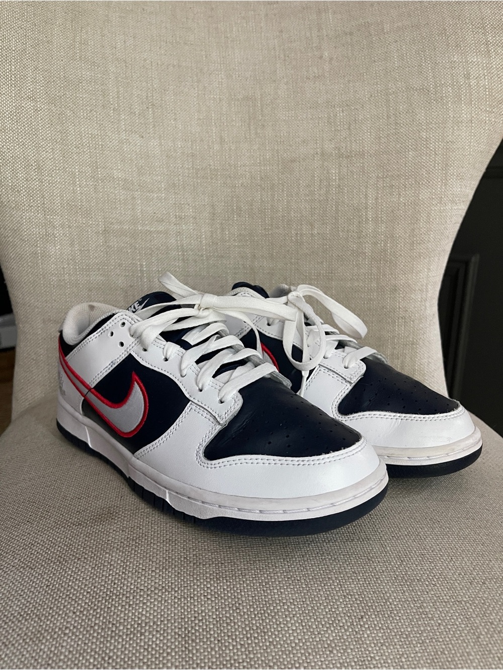 Nike Women’s Dunk Low — White, Navy & Red Trim